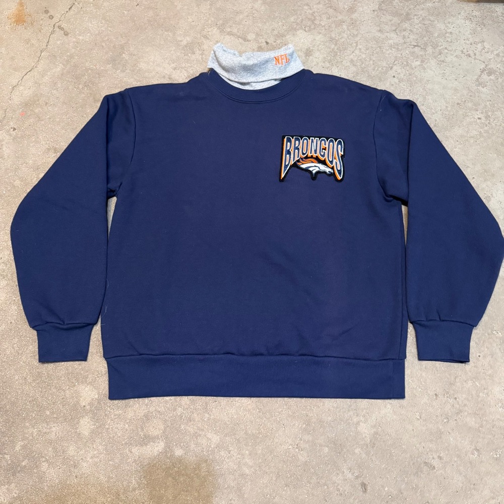 Vintage 90s Majestic Sweatshirt Men M Navy Denver Broncos NFL Mock Neck USA Made